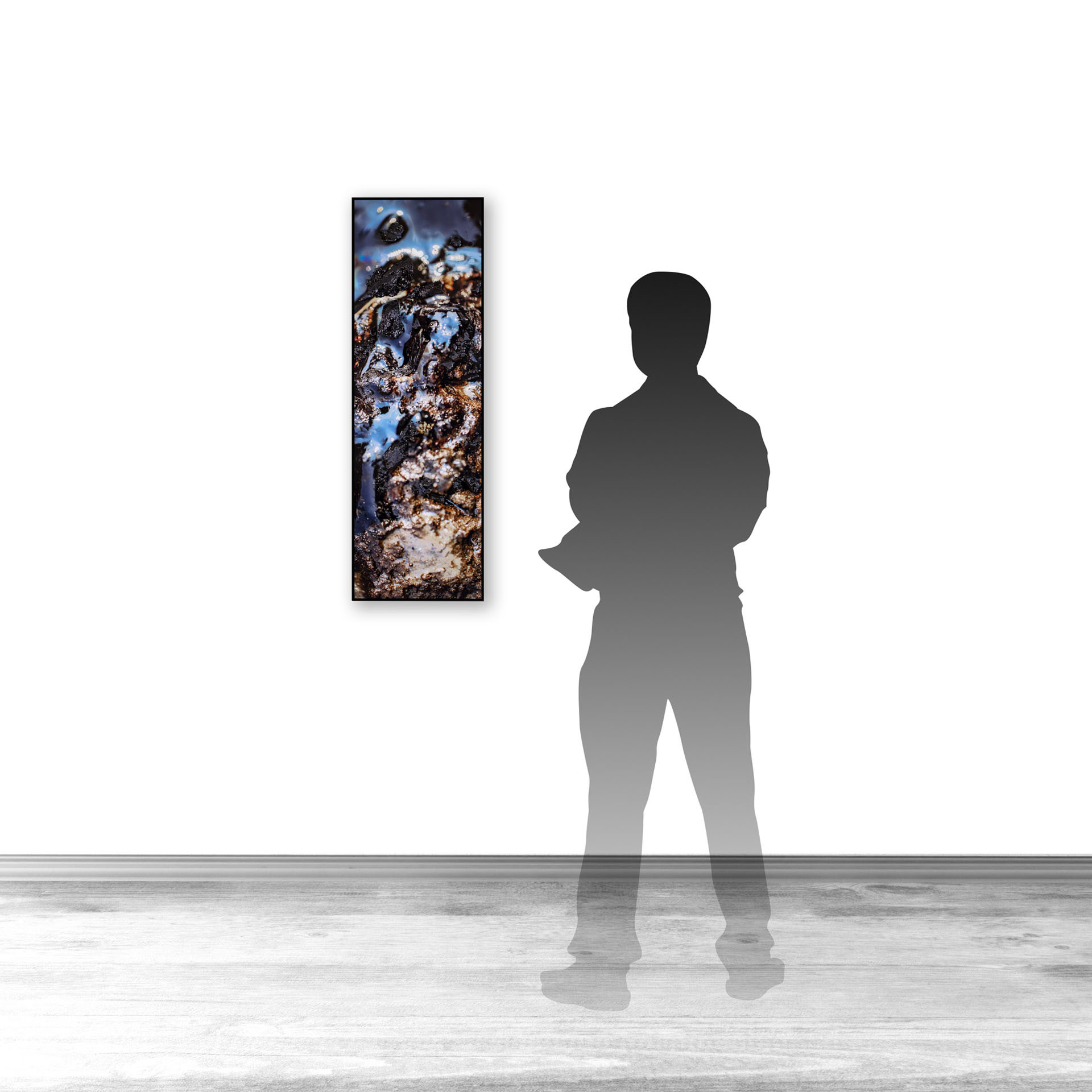 Cerulean II, contemporary Mixed Media by artist Lucas Seaward from Edmonton, Alberta Artwork (12inch x 36inch) hanging on wall mockup to scale