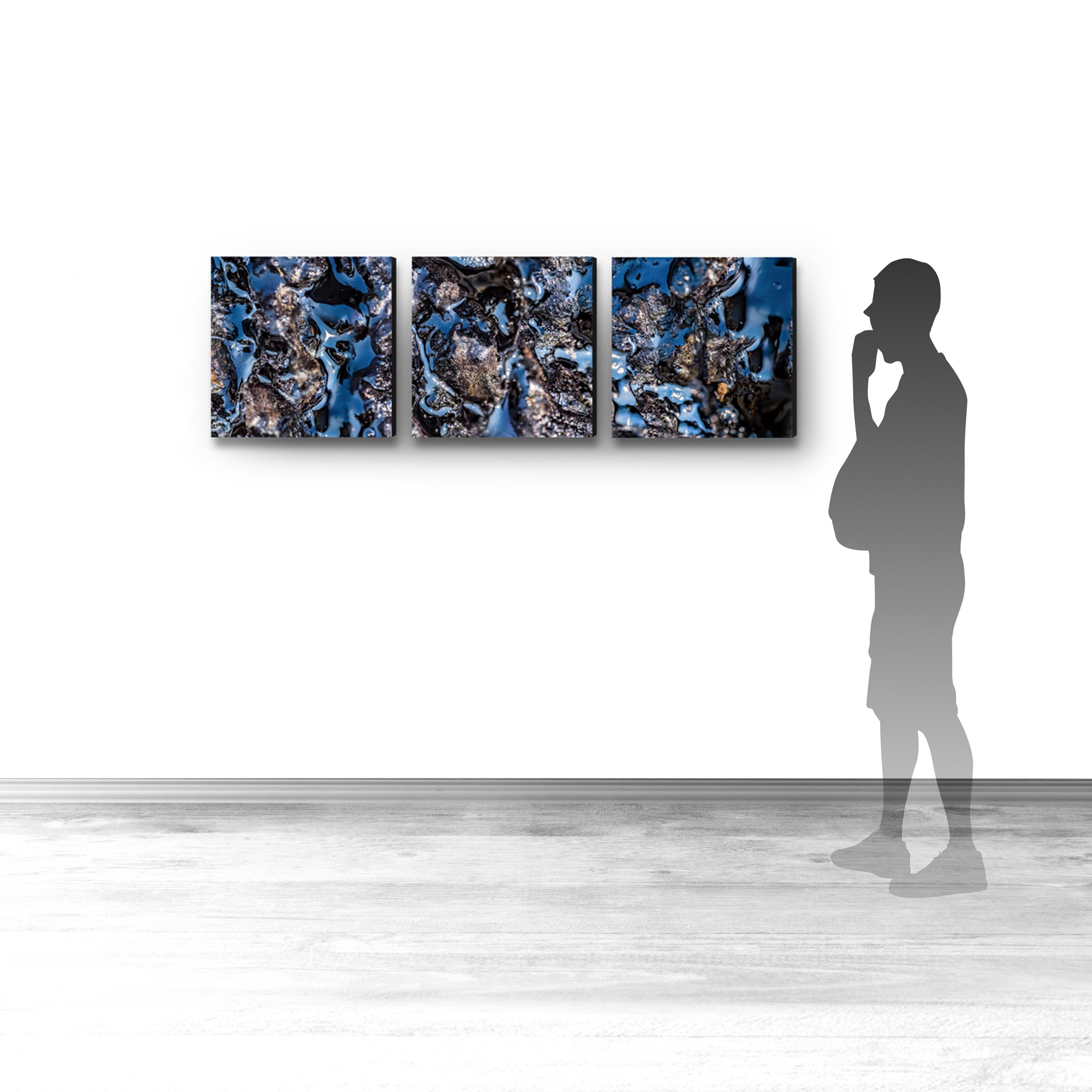 Cerulean IV, contemporary Mixed Media by artist Lucas Seaward from Edmonton, Alberta Artwork (30inch x 30inch Triptych) hanging on wall mockup to scale