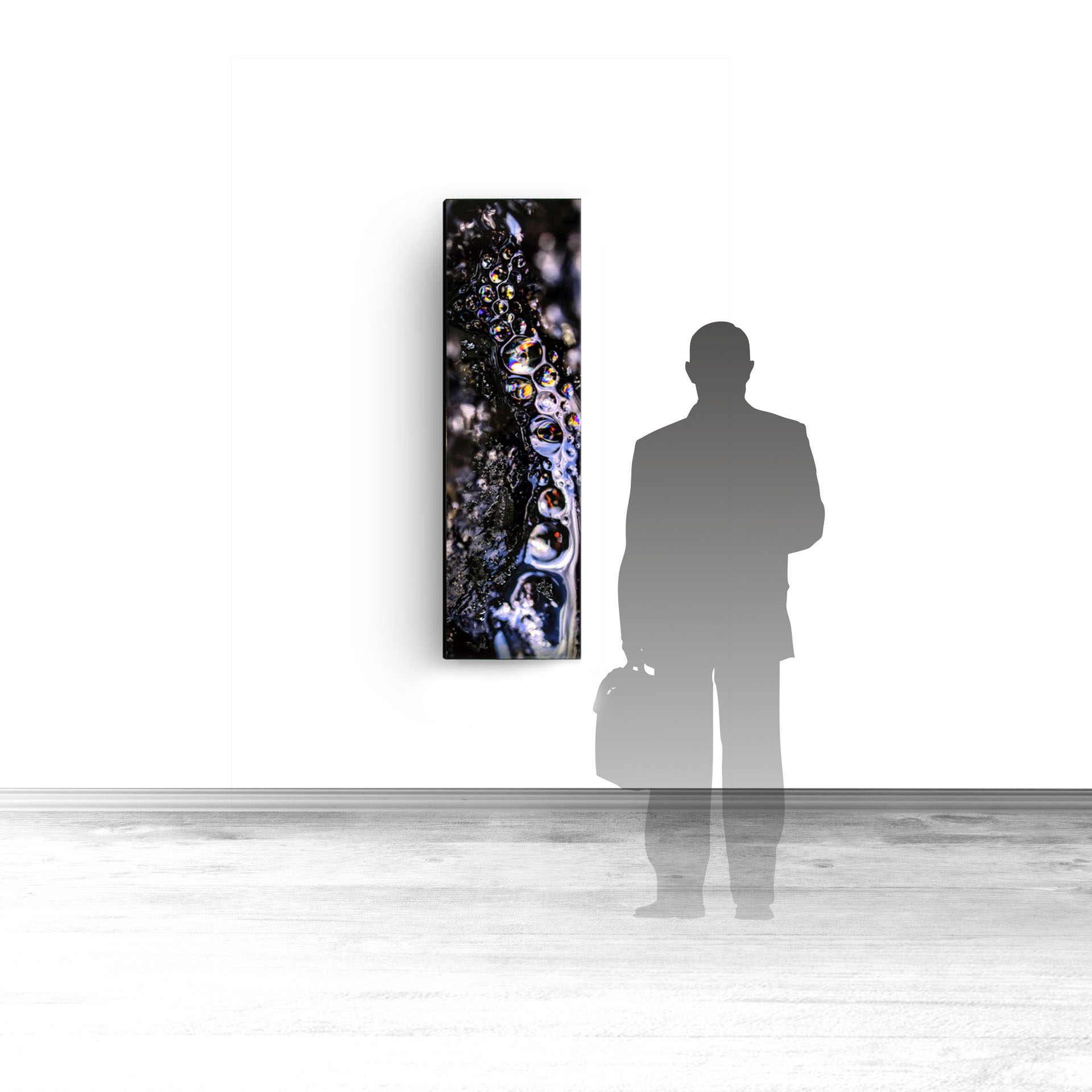 Interference I, contemporary Mixed Media by artist Lucas Seaward from Edmonton, Alberta Artwork (18inch x 60inch) hanging on wall mockup to scale