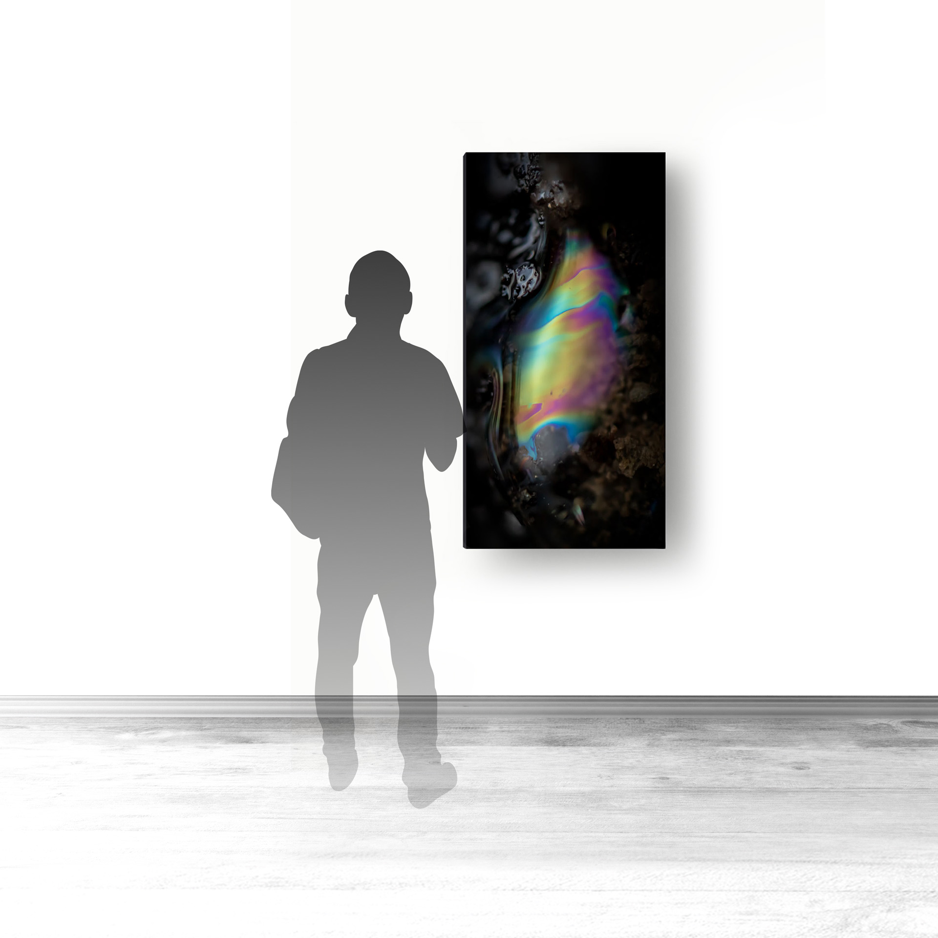 Interference IX, contemporary Mixed Media by artist Lucas Seaward from Edmonton, Alberta Artwork (24inch x 48inch) hanging on wall mockup to scale