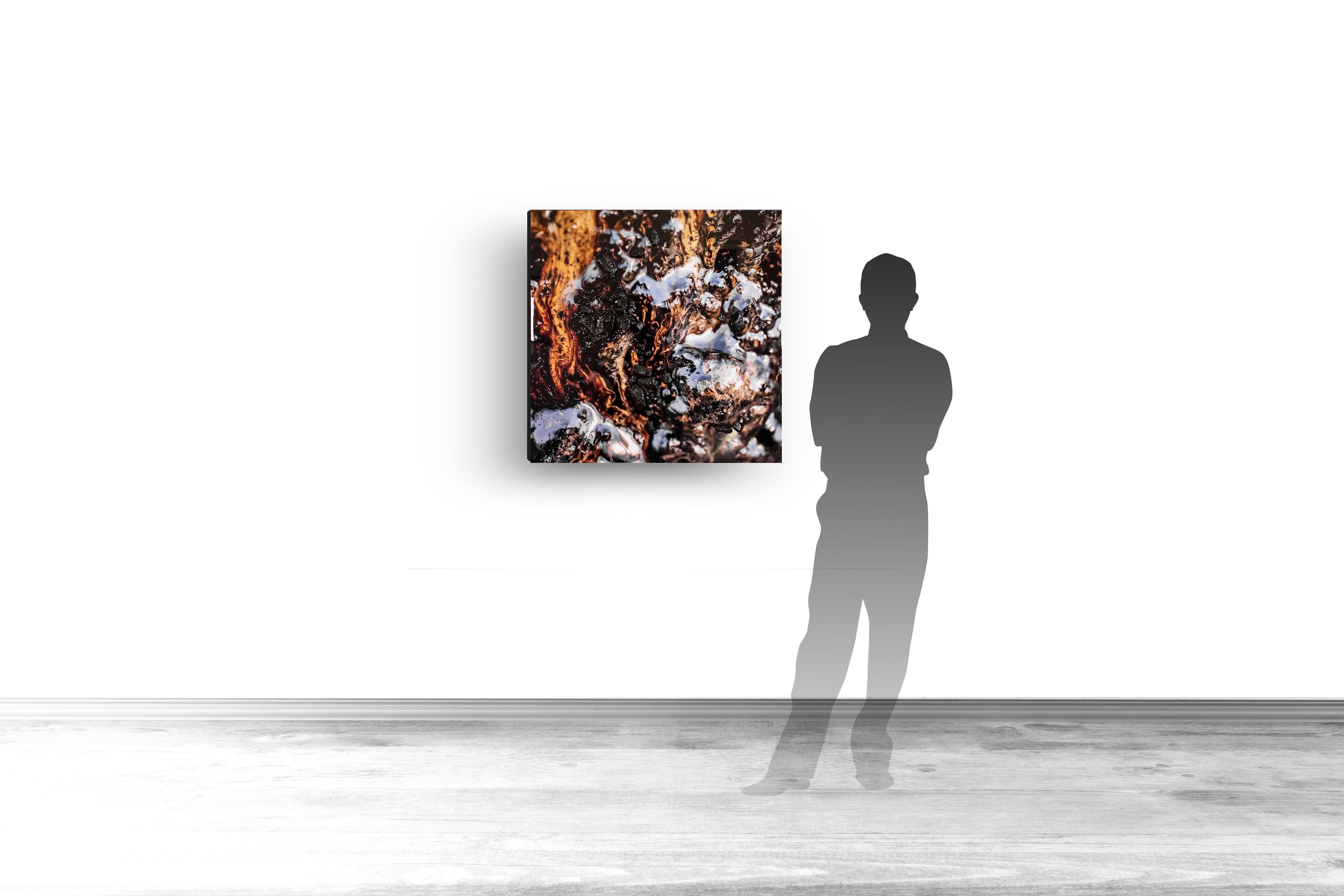 Rubiginous I, contemporary Mixed Media by artist Lucas Seaward from Edmonton, Alberta Artwork (36inch x 36inch) hanging on wall mockup to scale