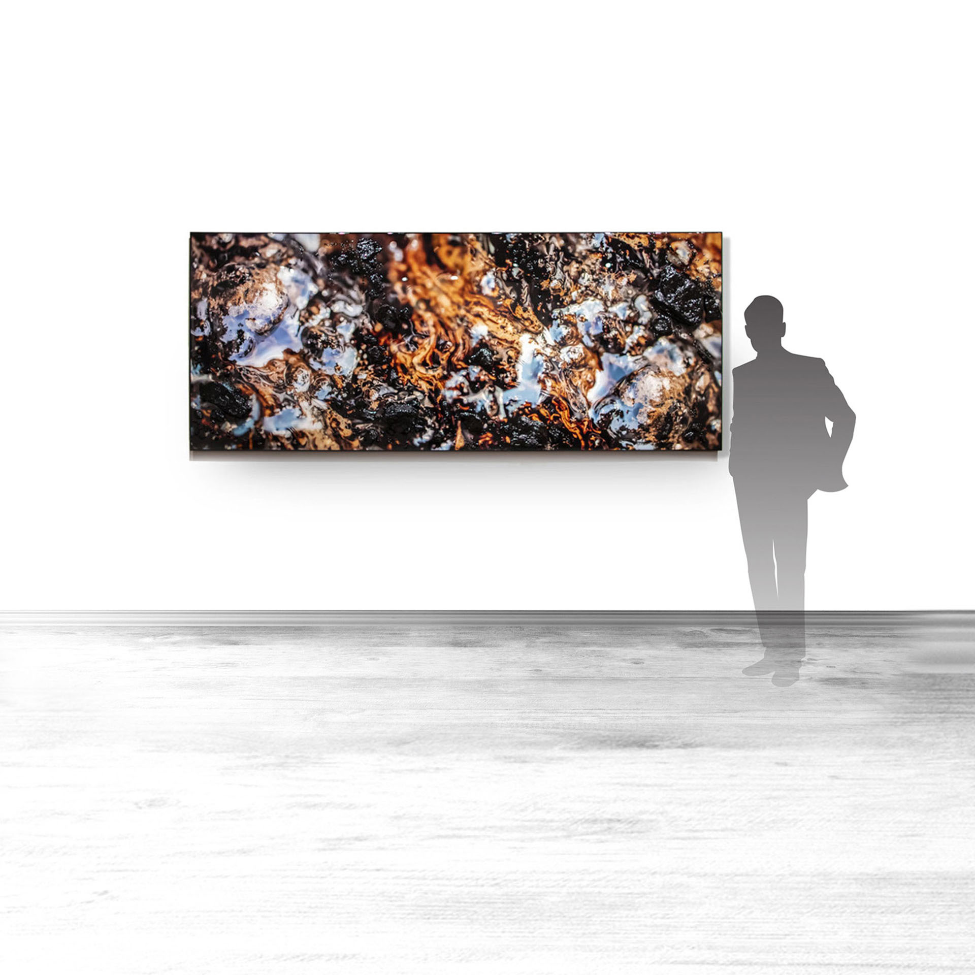 Rubiginous II, contemporary Mixed Media by artist Lucas Seaward from Edmonton, Alberta Artwork (96inch x 40inch) hanging on wall mockup to scale